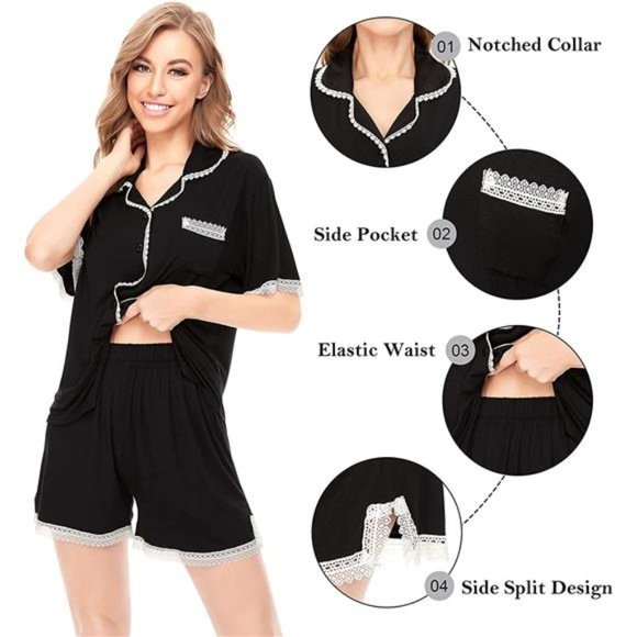 Women's Pajamas Set, Short Sleeve Sleepwear Lace Hem Pj Lounge Sets Nightwear - Picture 6 of 6